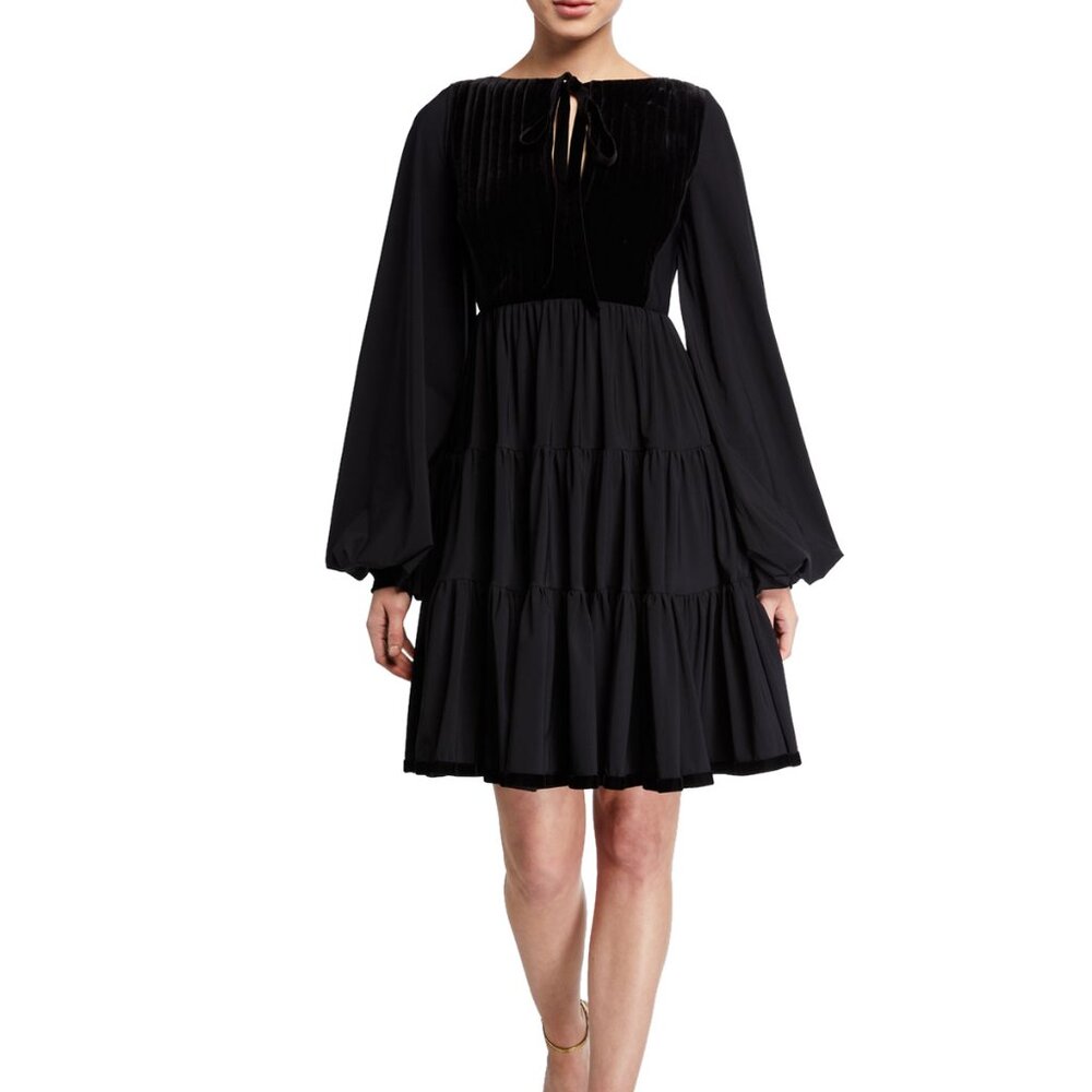 Chiara Boni Black Dress Pheasant Tiered Skirt Velvet Bib Size 4 New $698